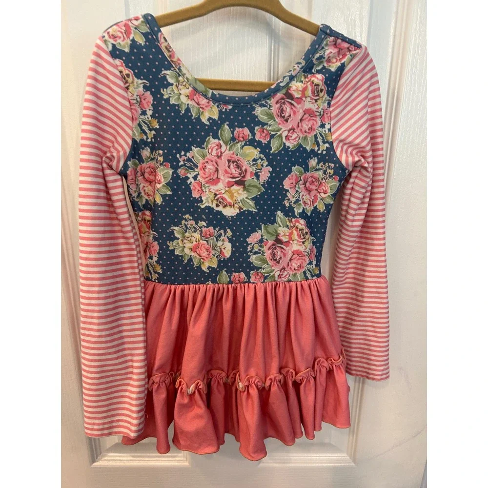 Cheeky Plum Leotard Dress Pink Floral Striped Ruffle Long Sleeve 4T Boutique